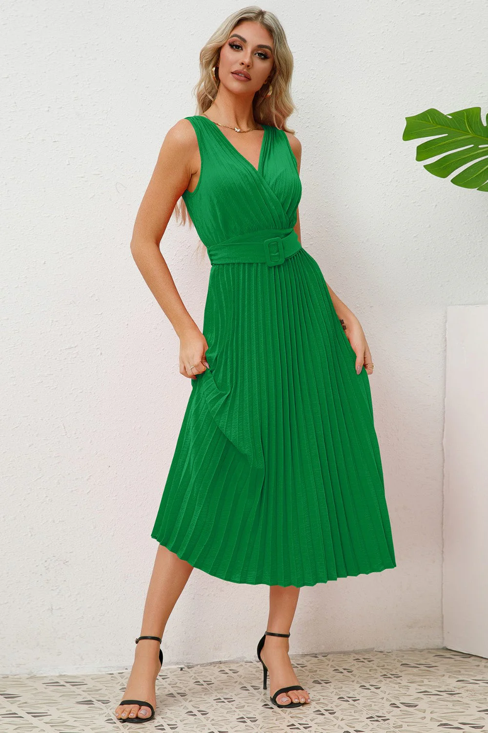Surplice Sleeveless Midi Pleated Dress - Image 11