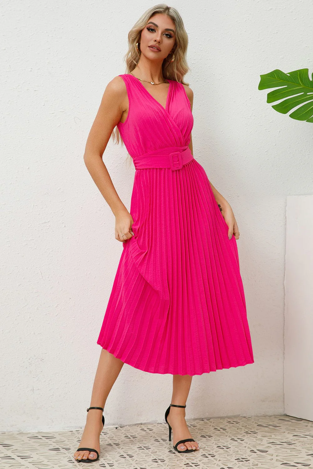 Surplice Sleeveless Midi Pleated Dress - Image 13