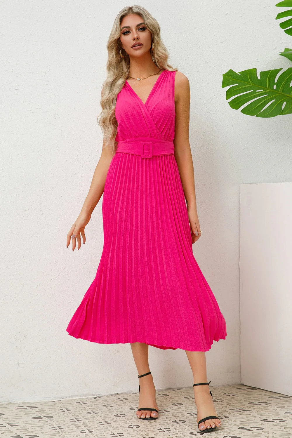 Surplice Sleeveless Midi Pleated Dress - Image 14