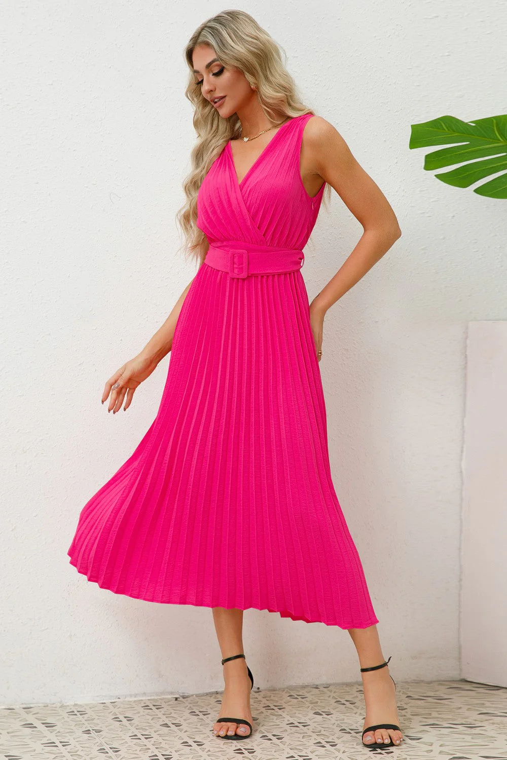 Surplice Sleeveless Midi Pleated Dress - Image 15