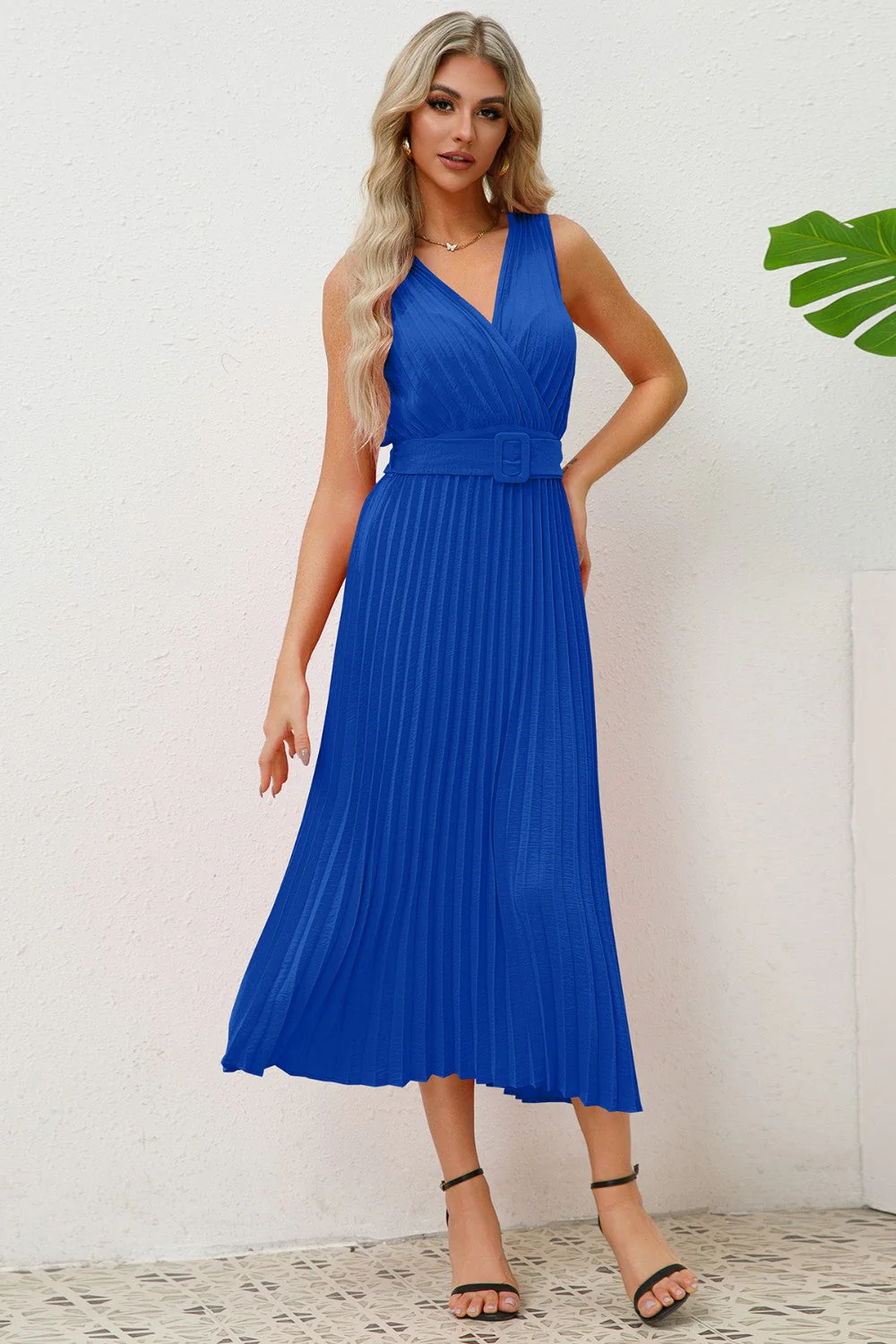 Surplice Sleeveless Midi Pleated Dress - Image 2