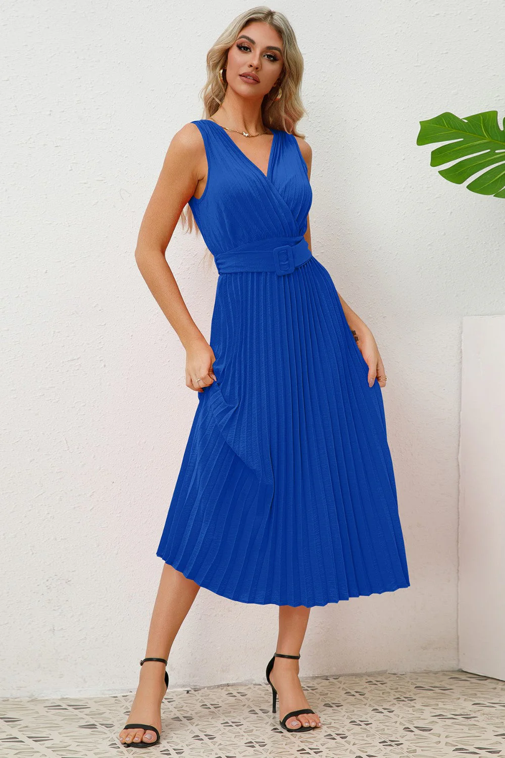 Surplice Sleeveless Midi Pleated Dress - Image 3