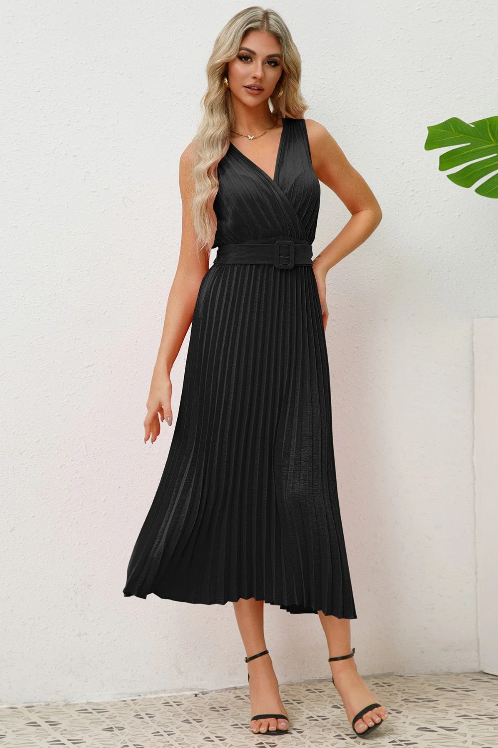 Surplice Sleeveless Midi Pleated Dress - Image 6