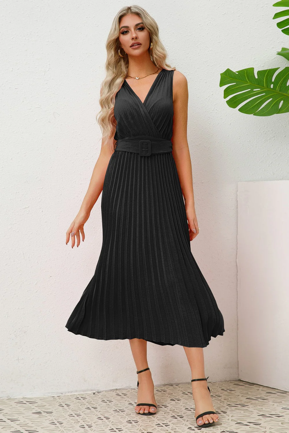 Surplice Sleeveless Midi Pleated Dress - Image 7