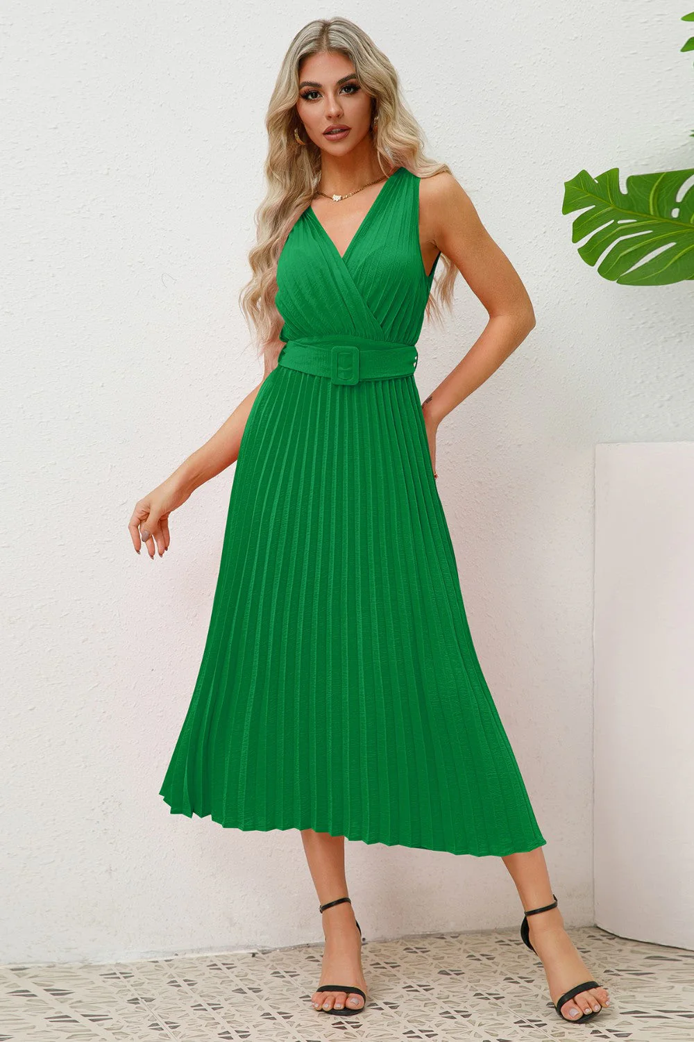 Surplice Sleeveless Midi Pleated Dress - Image 9