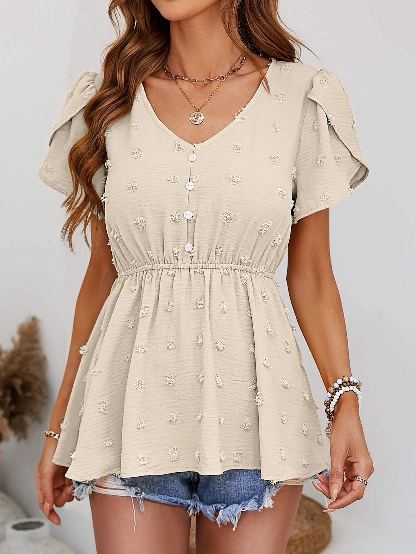 Swiss Dot Buttoned Petal Sleeve Peplum Blouse - Image 10