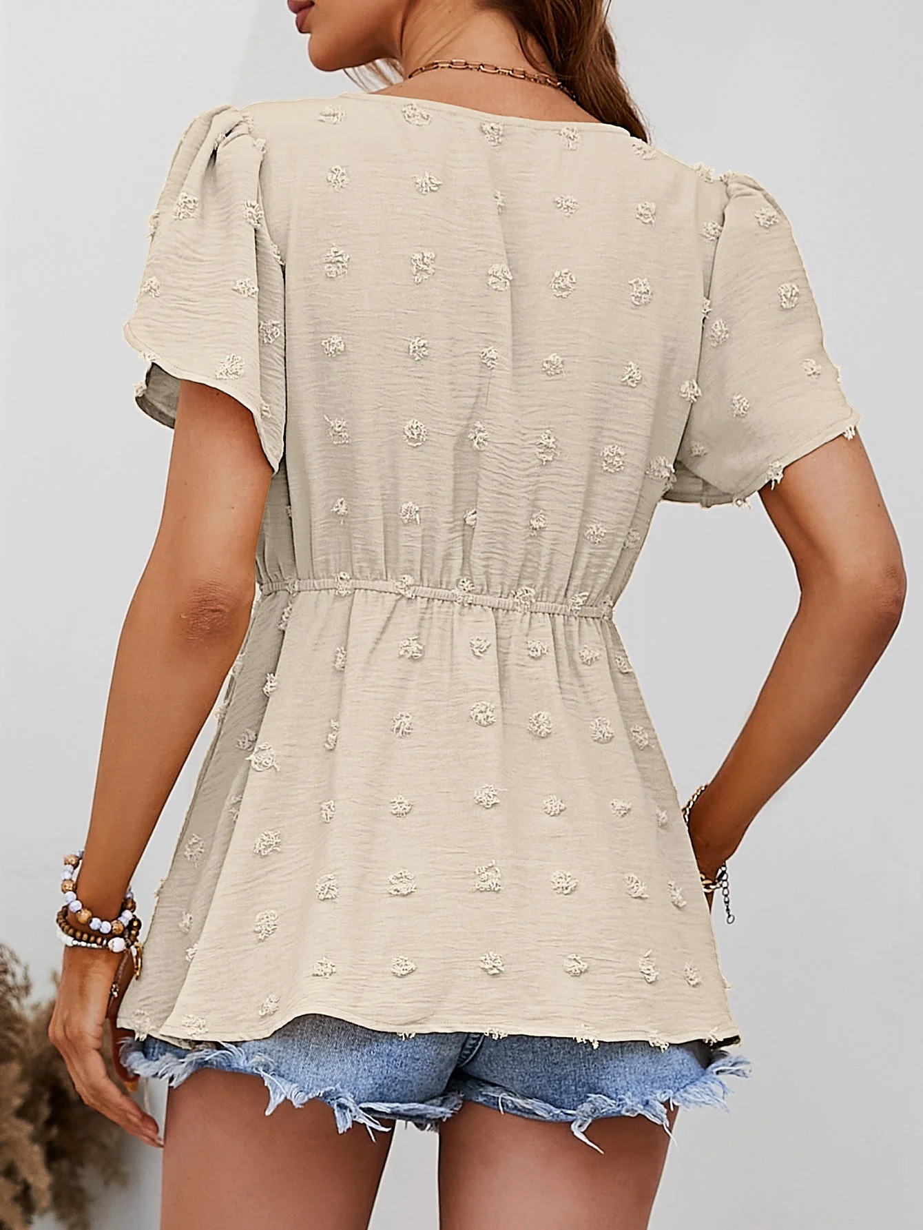 Swiss Dot Buttoned Petal Sleeve Peplum Blouse - Image 12