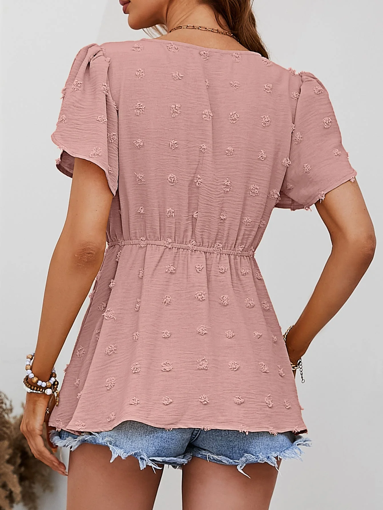 Swiss Dot Buttoned Petal Sleeve Peplum Blouse - Image 2