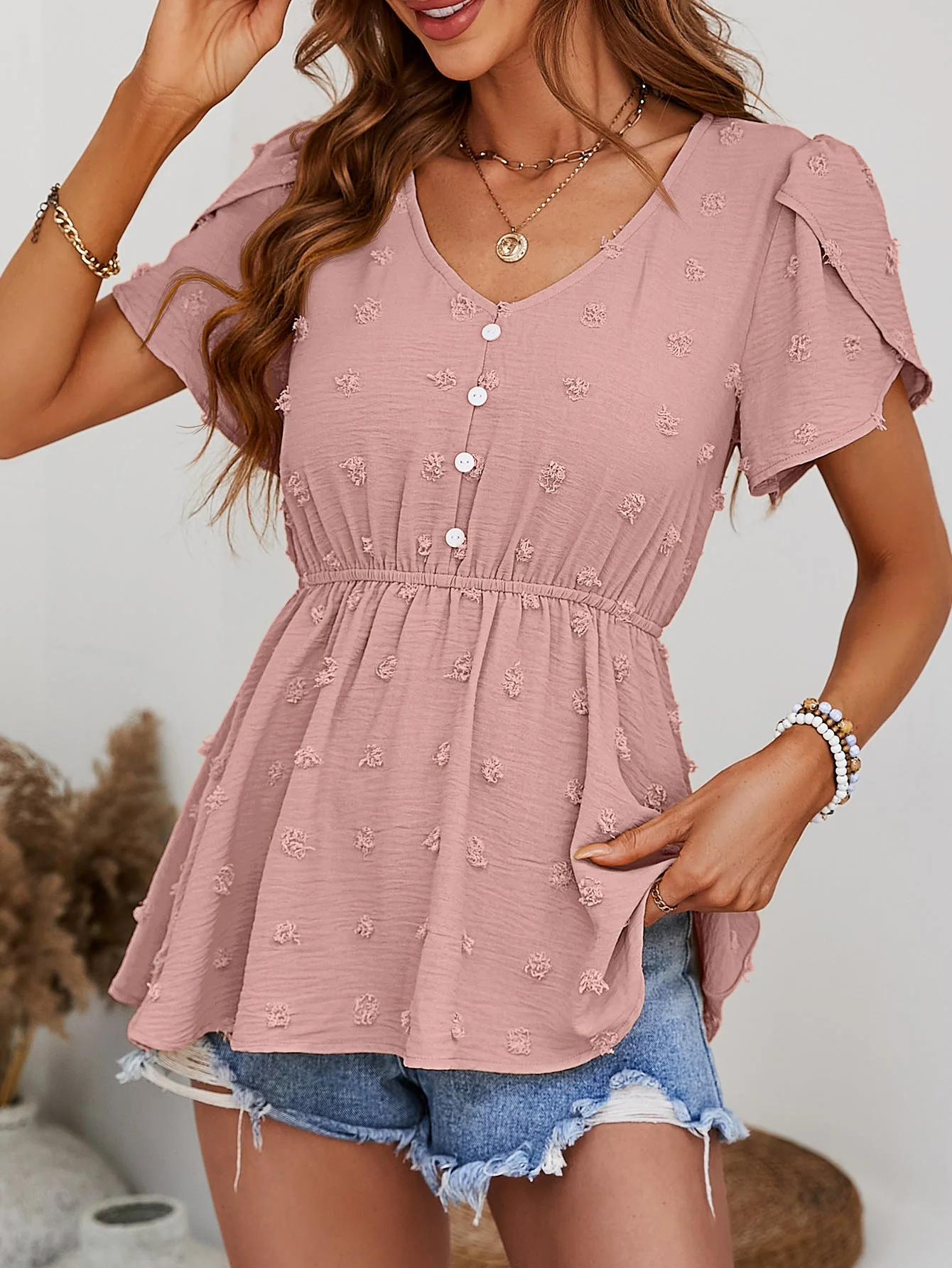 Swiss Dot Buttoned Petal Sleeve Peplum Blouse - Image 3