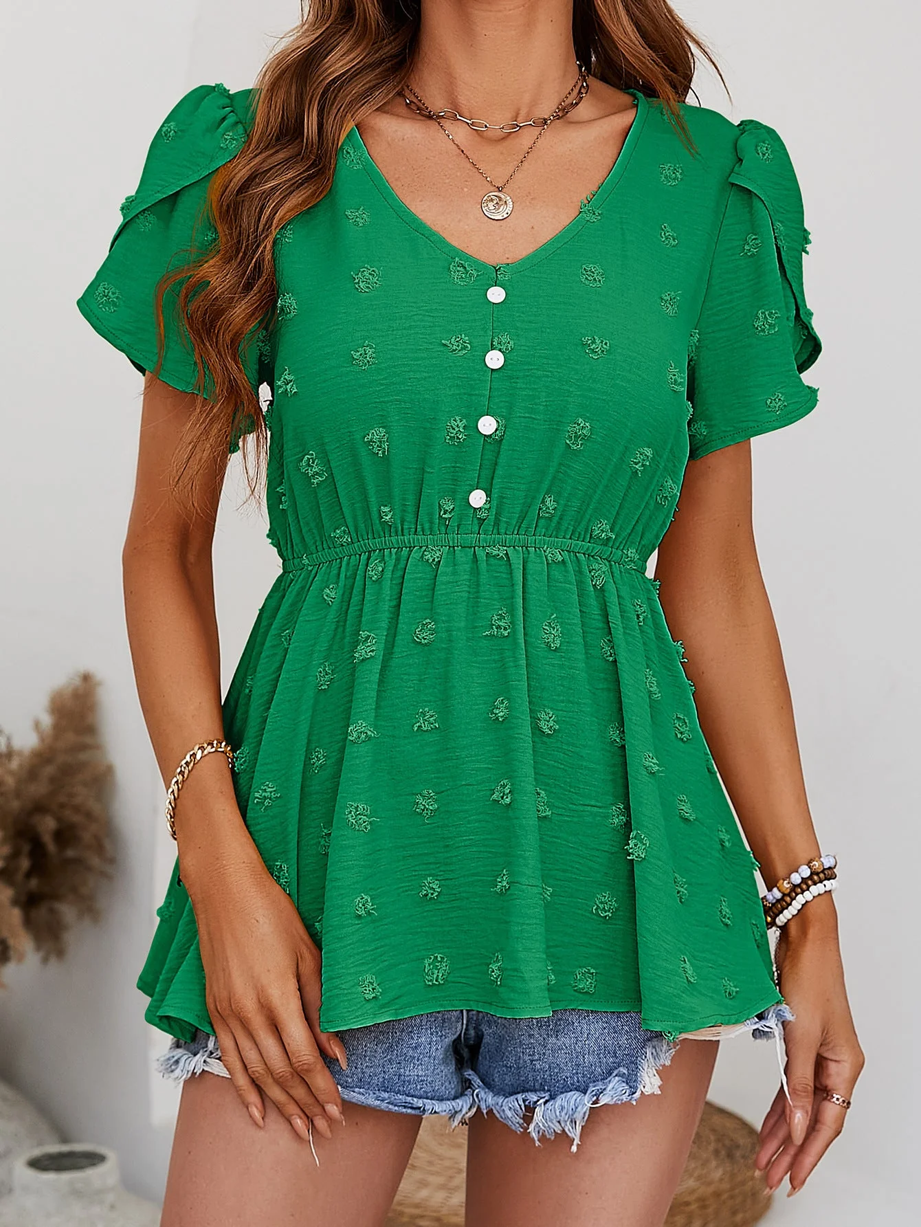 Swiss Dot Buttoned Petal Sleeve Peplum Blouse - Image 5