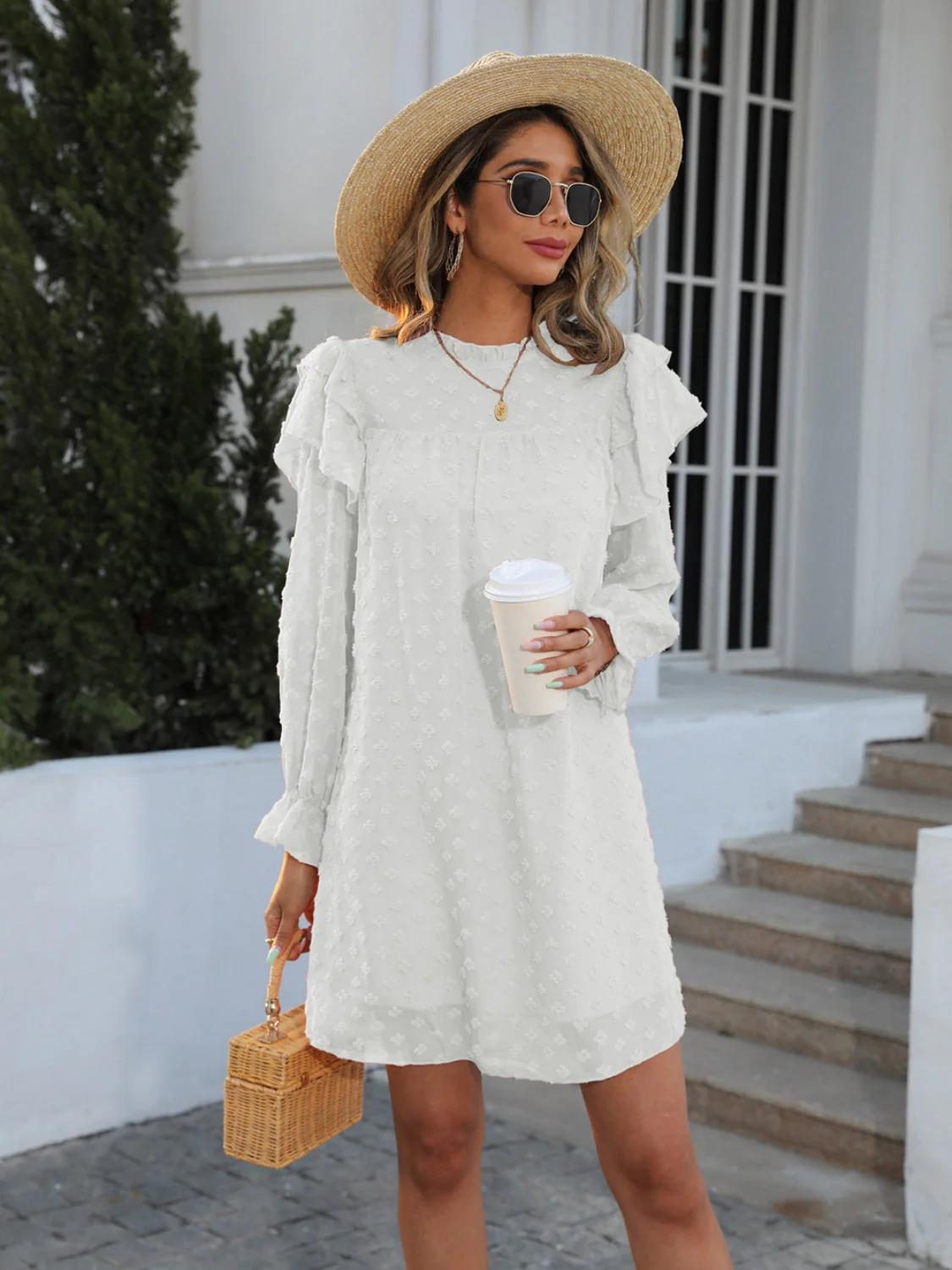 Swiss Dot Mock Neck Flounce Sleeve Dress - Image 2