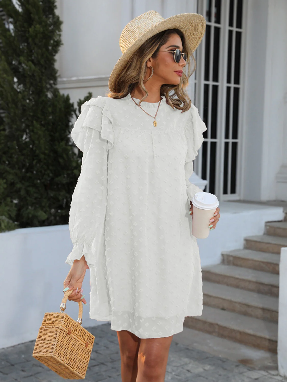 Swiss Dot Mock Neck Flounce Sleeve Dress - Image 4