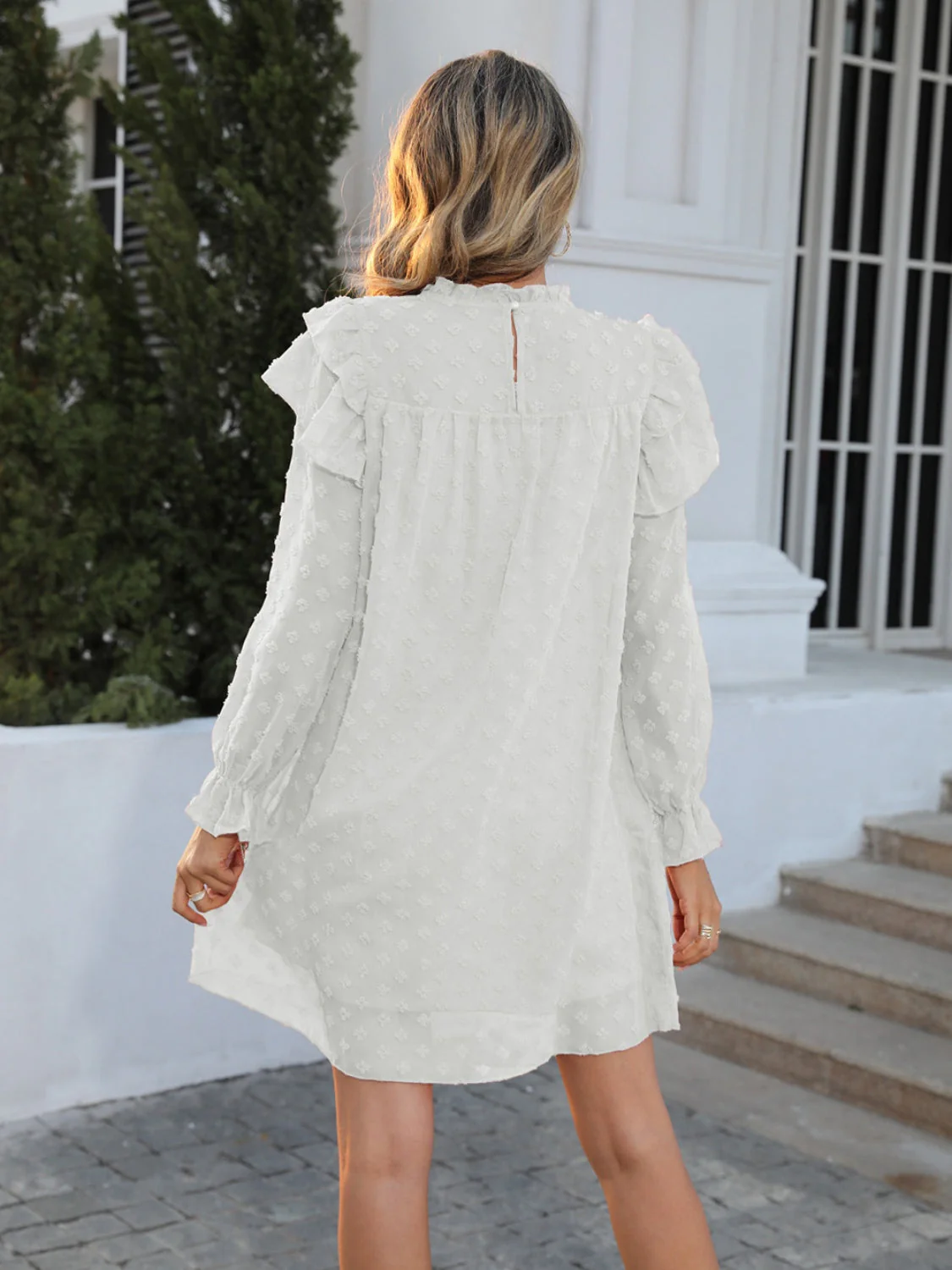 Swiss Dot Mock Neck Flounce Sleeve Dress - Image 5