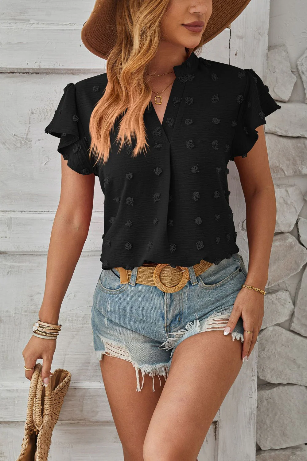 Swiss Dot Notched Cap Sleeve T-Shirt - Image 10