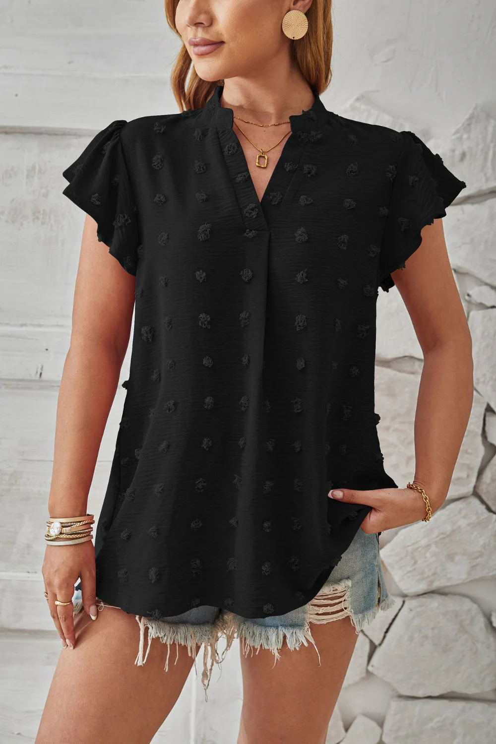 Swiss Dot Notched Cap Sleeve T-Shirt - Image 11