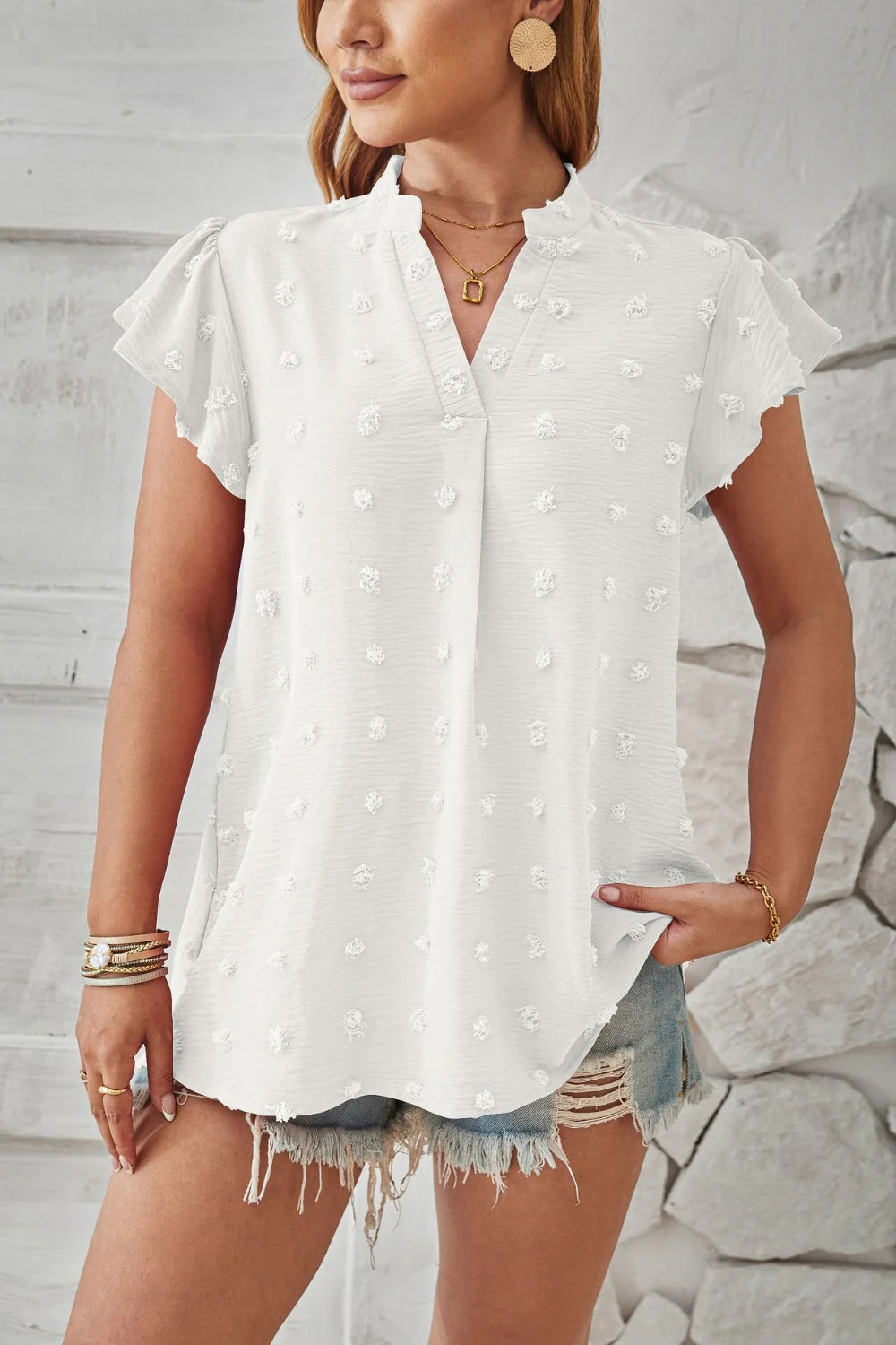 Swiss Dot Notched Cap Sleeve T-Shirt - Image 14