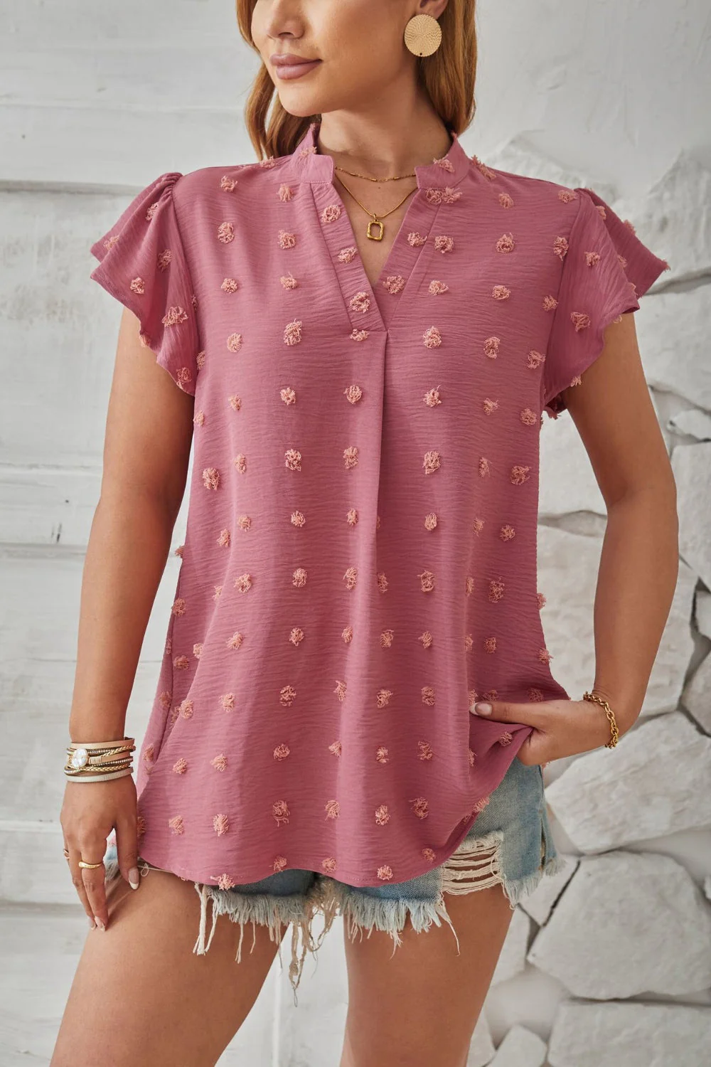 Swiss Dot Notched Cap Sleeve T-Shirt - Image 2