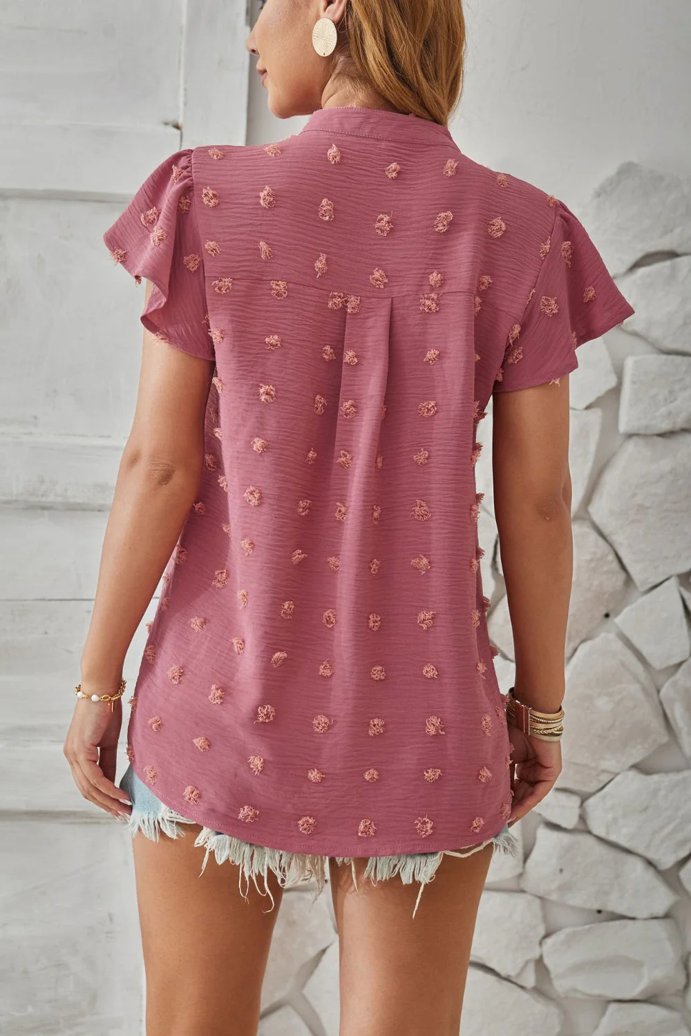 Swiss Dot Notched Cap Sleeve T-Shirt - Image 3