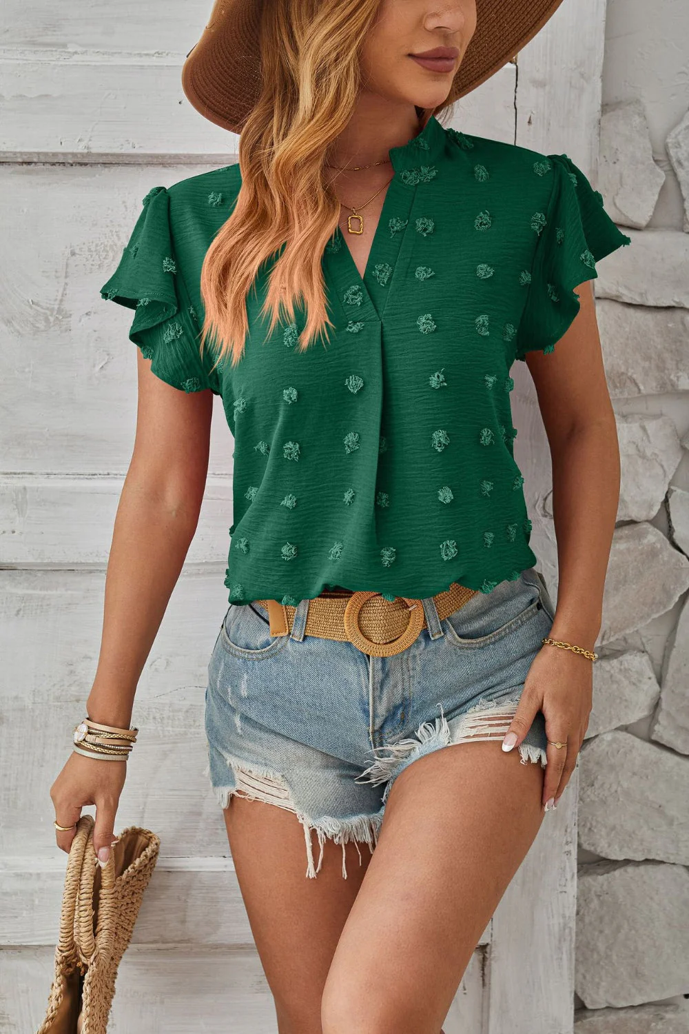 Swiss Dot Notched Cap Sleeve T-Shirt - Image 4