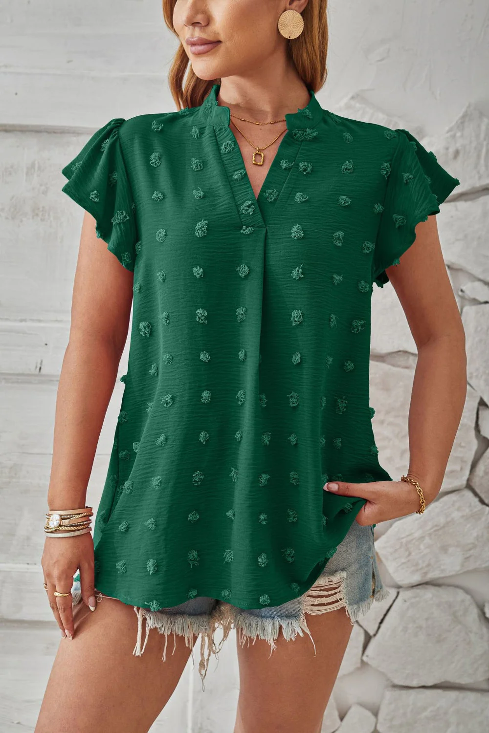 Swiss Dot Notched Cap Sleeve T-Shirt - Image 5