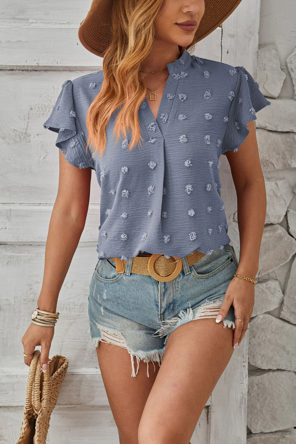 Swiss Dot Notched Cap Sleeve T-Shirt - Image 7