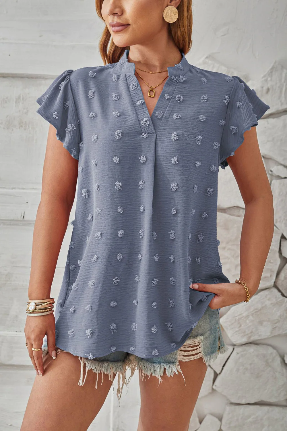 Swiss Dot Notched Cap Sleeve T-Shirt - Image 8