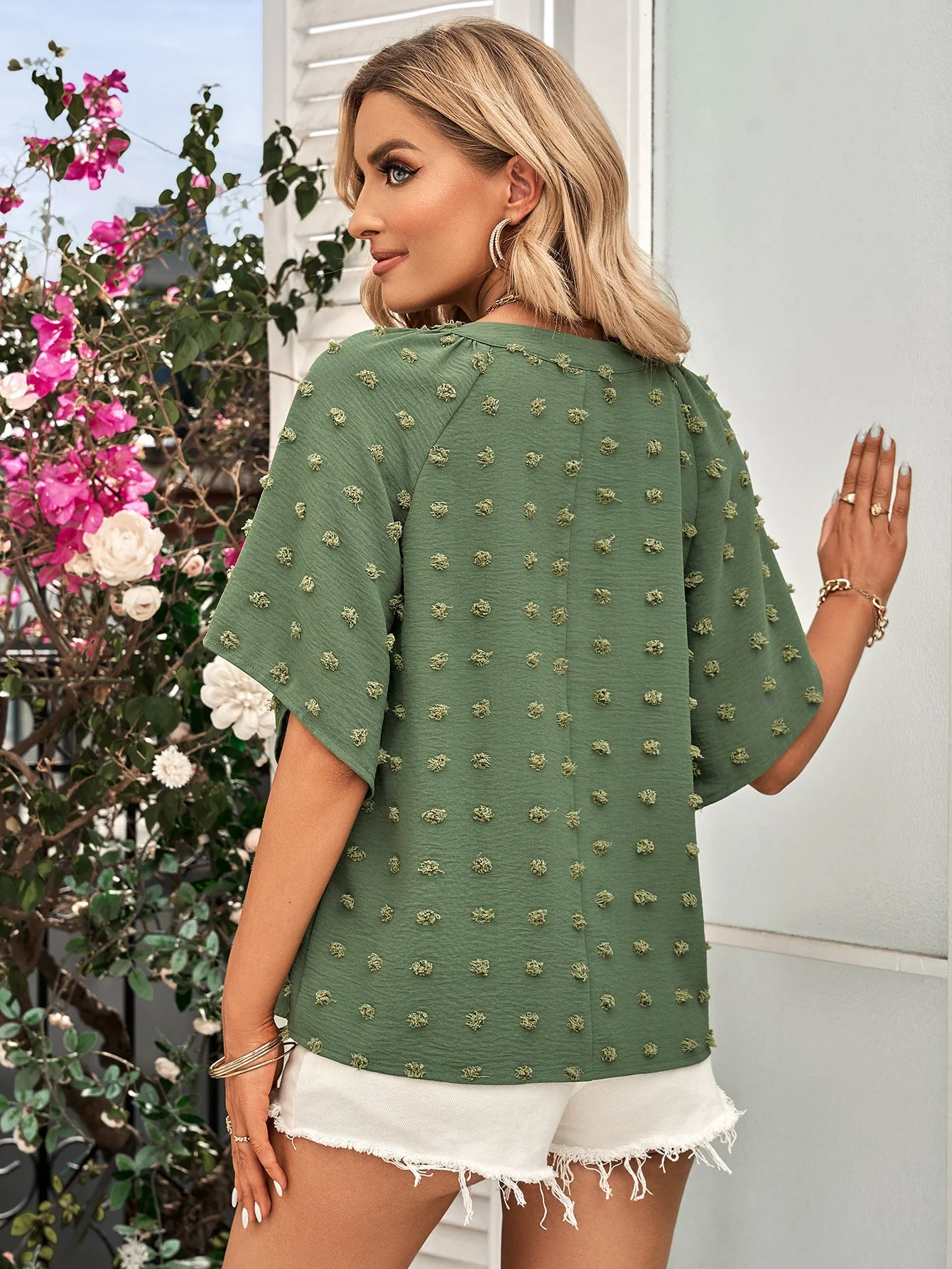 Swiss Dot Notched Neck Flare Sleeve Blouse - Image 12