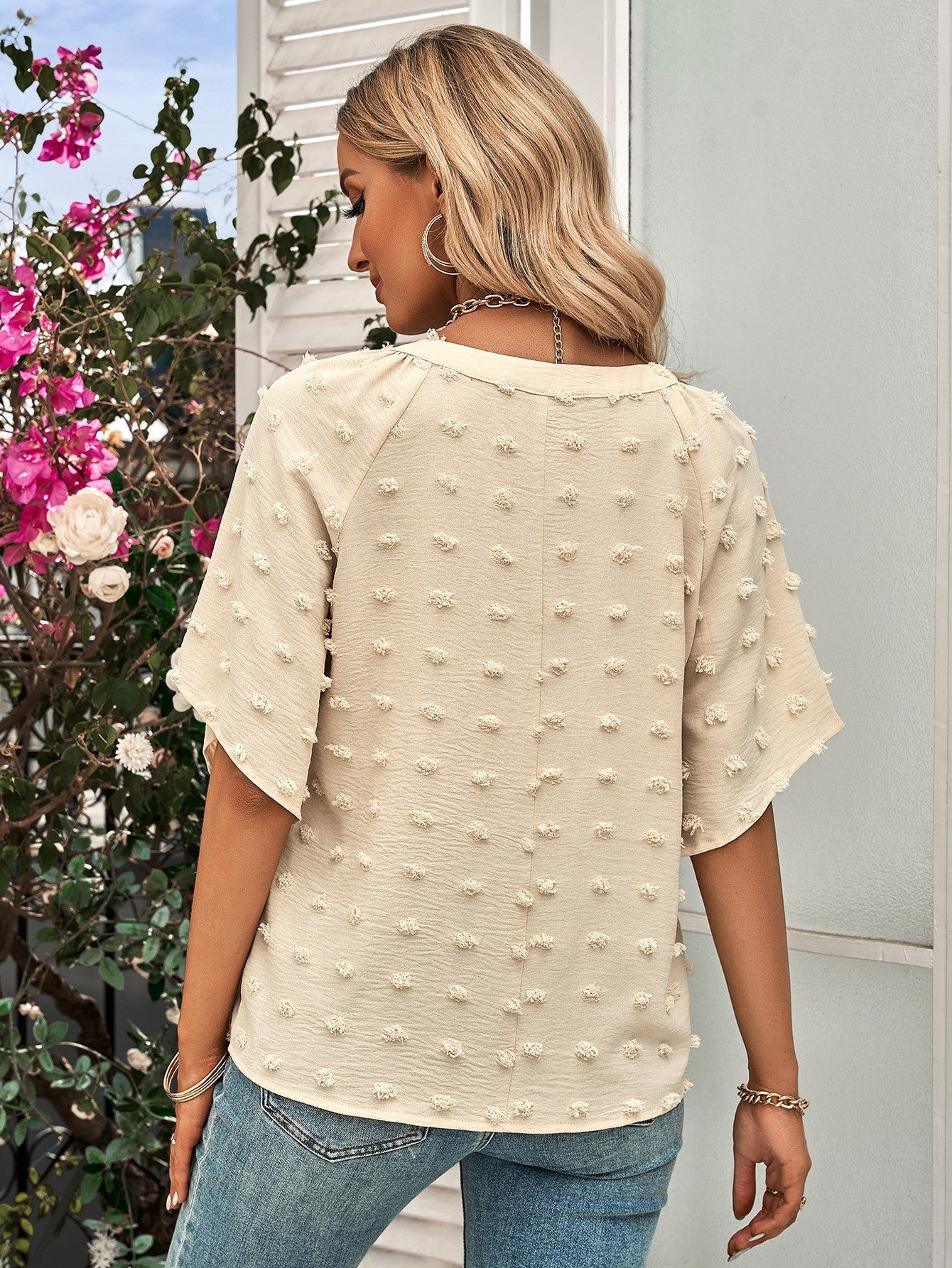 Swiss Dot Notched Neck Flare Sleeve Blouse - Image 2
