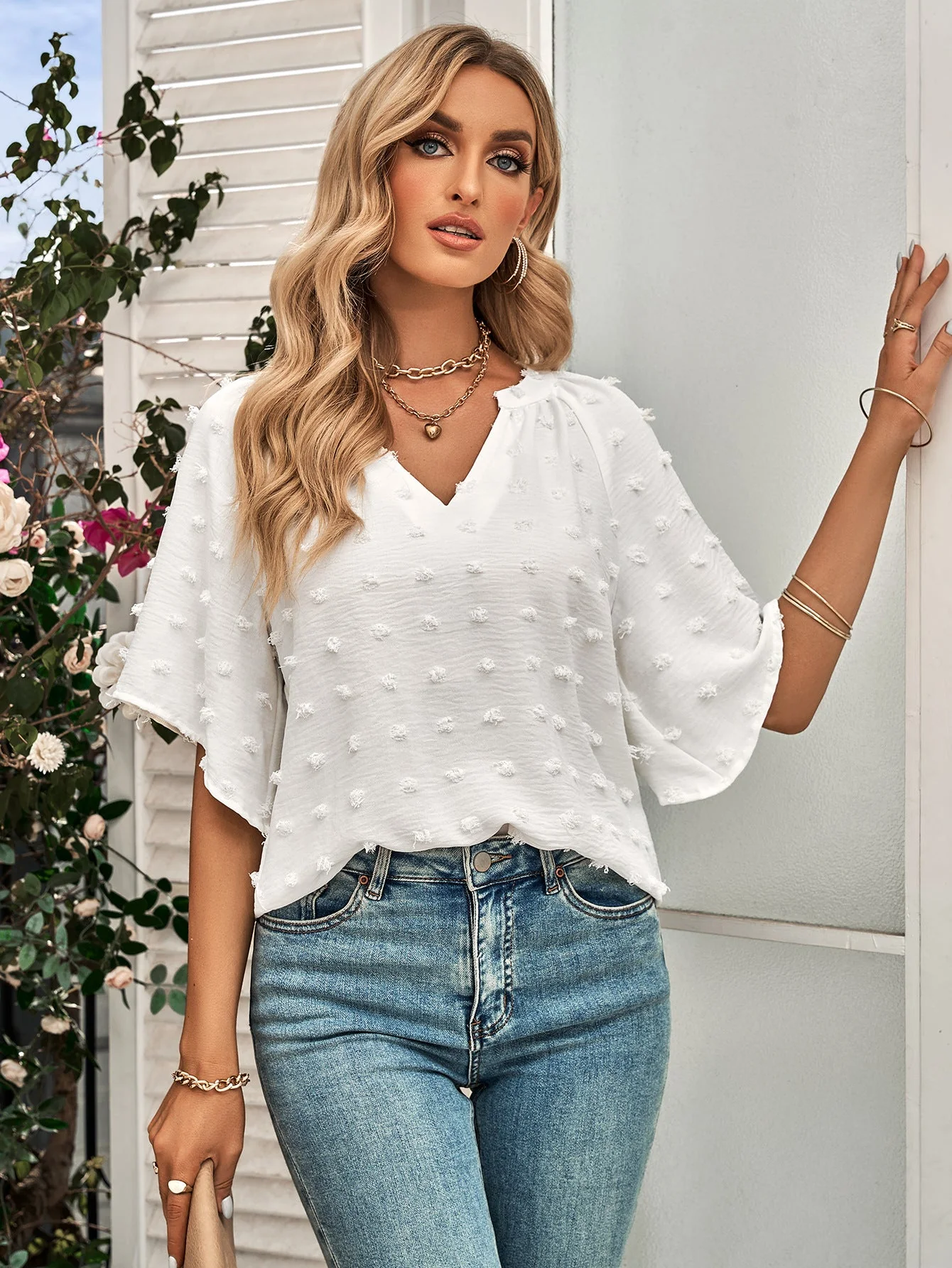 Swiss Dot Notched Neck Flare Sleeve Blouse - Image 6