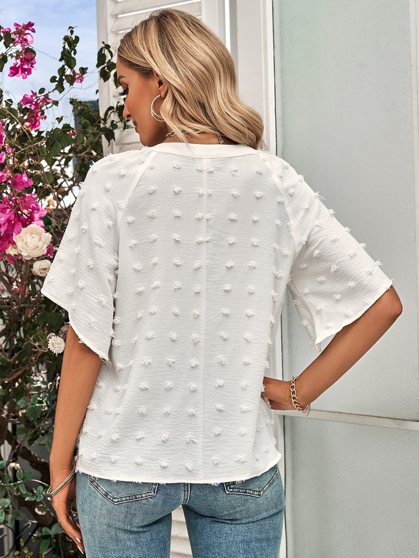 Swiss Dot Notched Neck Flare Sleeve Blouse - Image 8