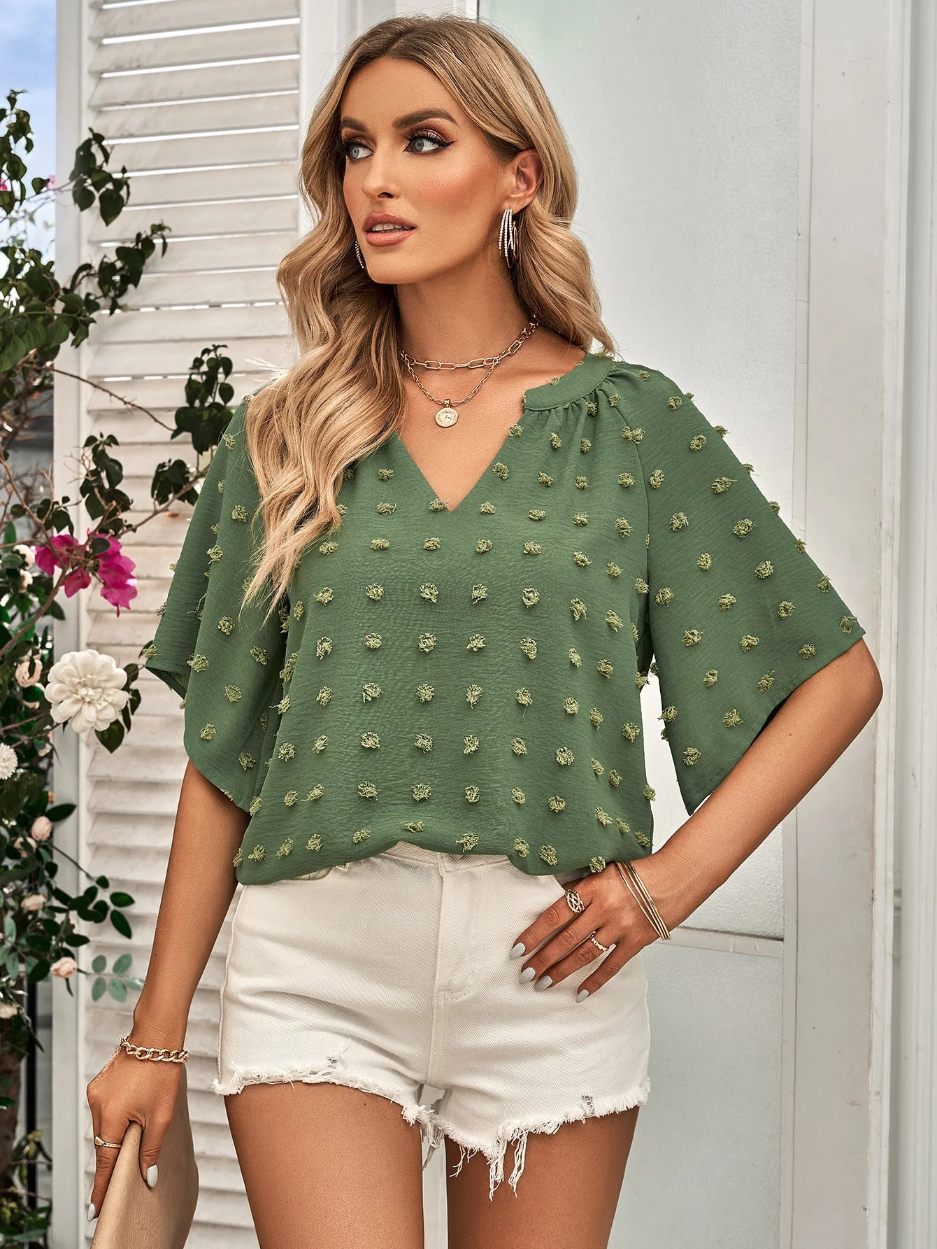 Swiss Dot Notched Neck Flare Sleeve Blouse - Image 9