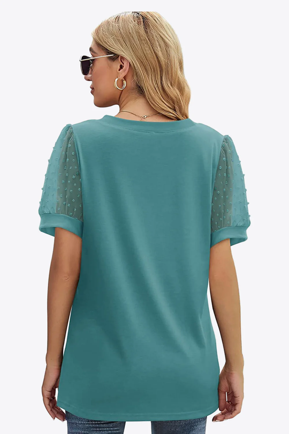 Swiss Dot Puff Sleeve V-Neck Tee - Image 12