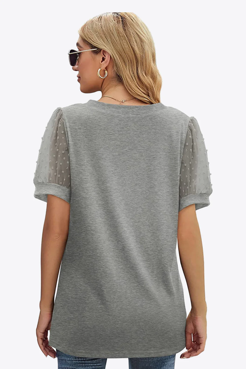 Swiss Dot Puff Sleeve V-Neck Tee - Image 2