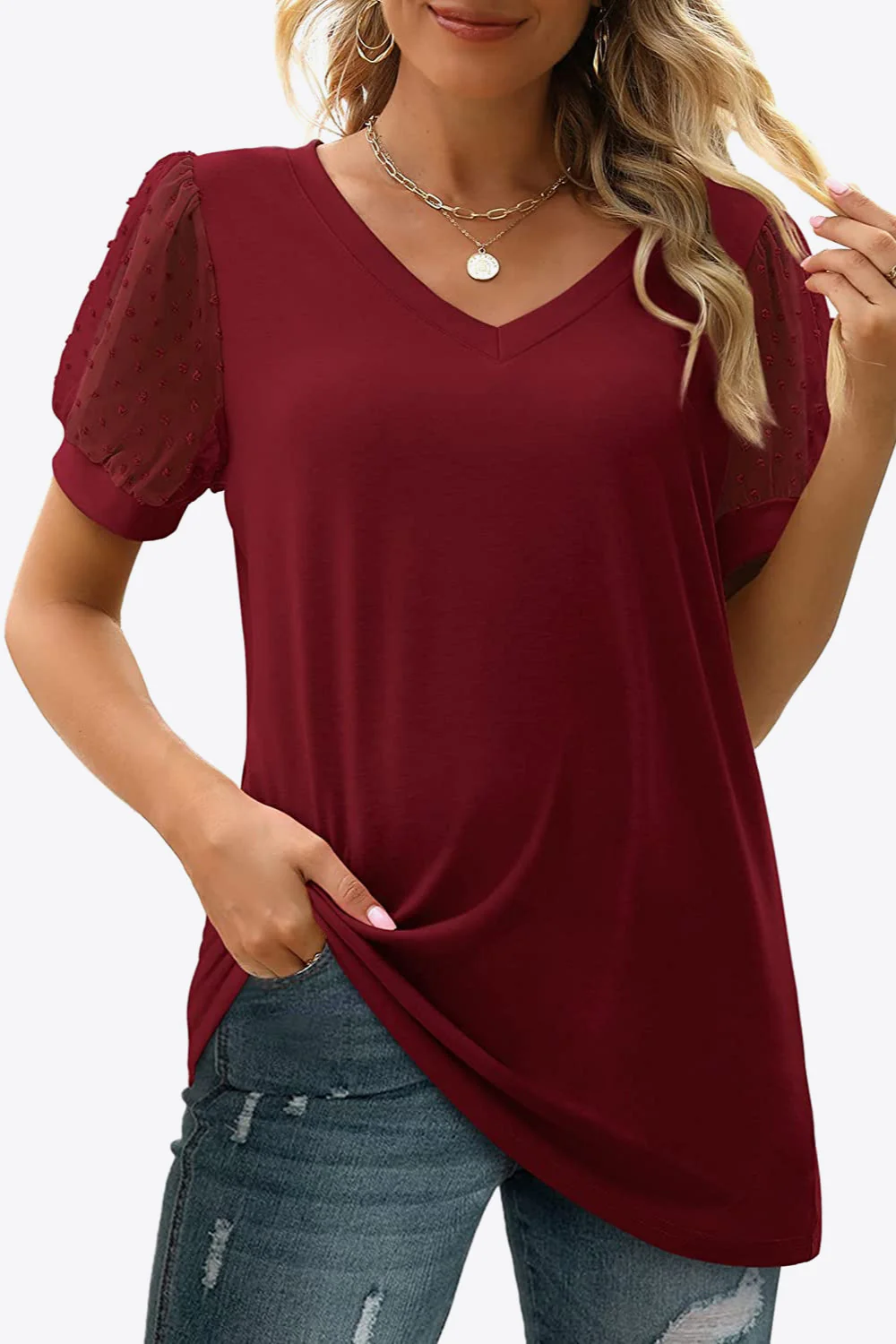 Swiss Dot Puff Sleeve V-Neck Tee - Image 29