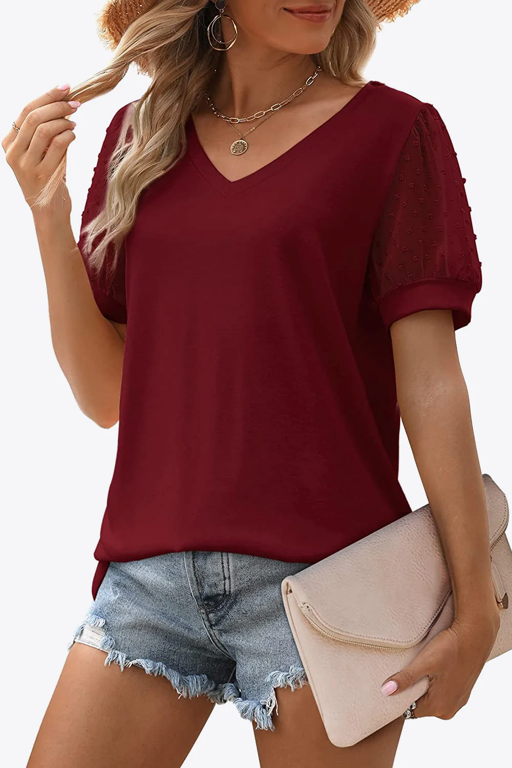 Swiss Dot Puff Sleeve V-Neck Tee - Image 30