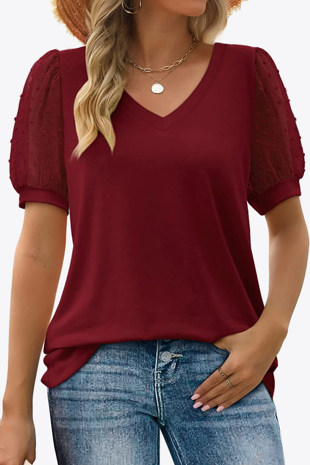 Swiss Dot Puff Sleeve V-Neck Tee - Image 31