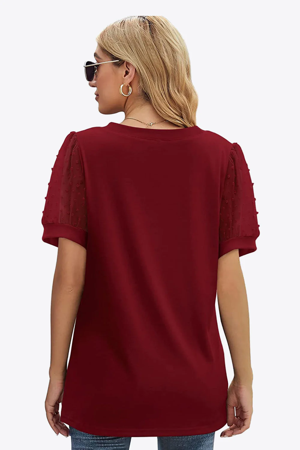 Swiss Dot Puff Sleeve V-Neck Tee - Image 32