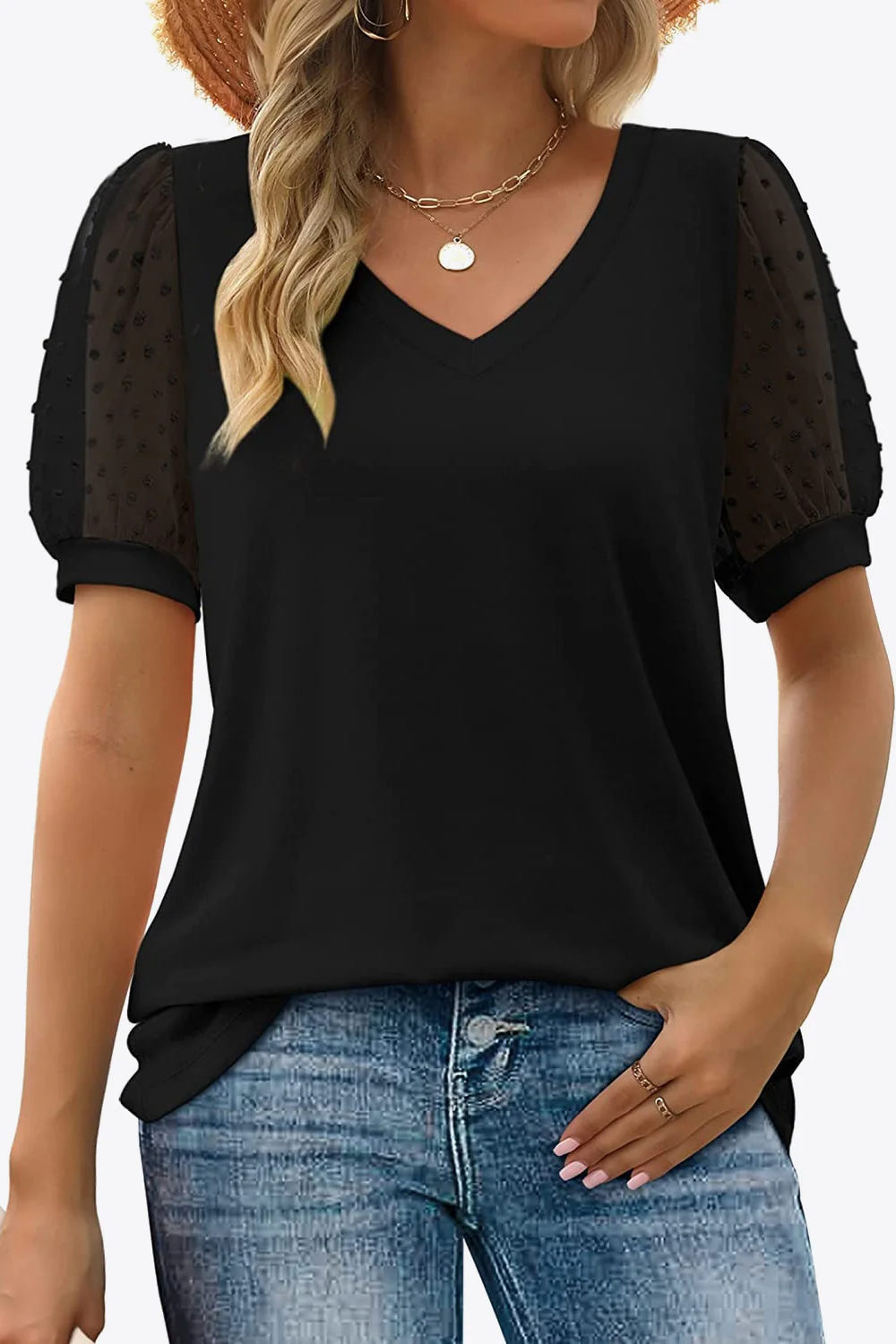 Swiss Dot Puff Sleeve V-Neck Tee - Image 5