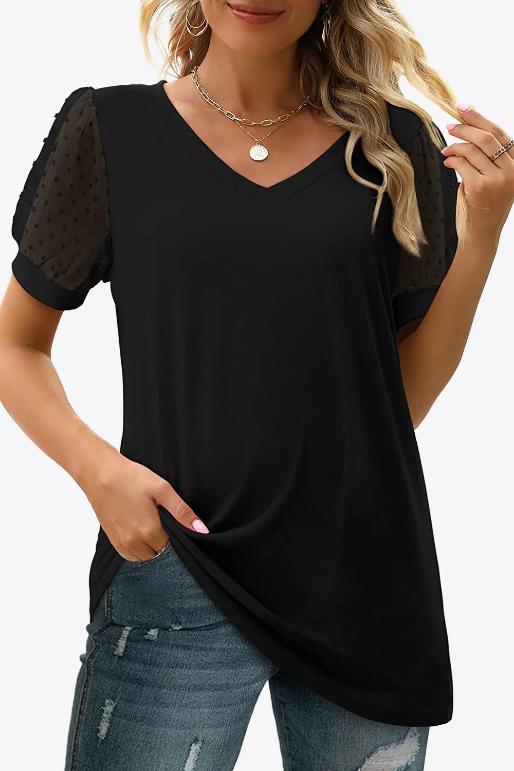 Swiss Dot Puff Sleeve V-Neck Tee - Image 6