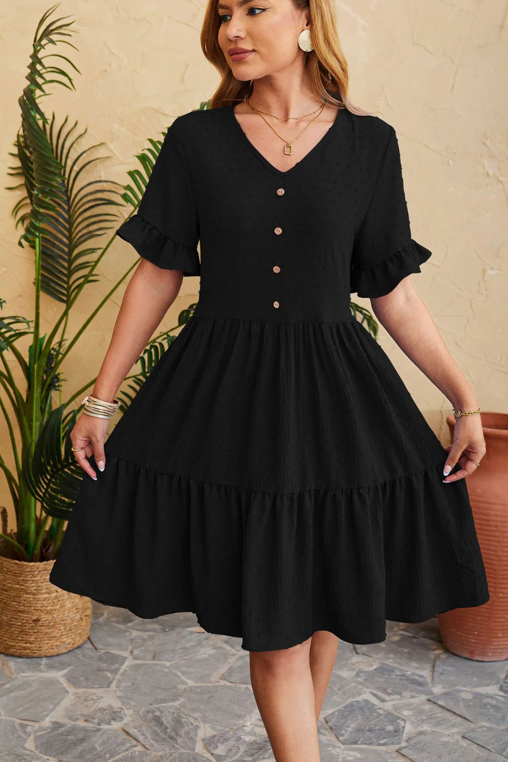 Swiss Dot Ruffled V-Neck Tiered Dress - Image 10