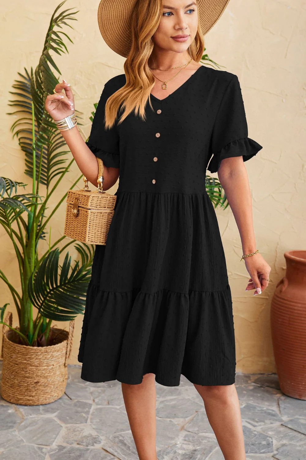 Swiss Dot Ruffled V-Neck Tiered Dress - Image 11