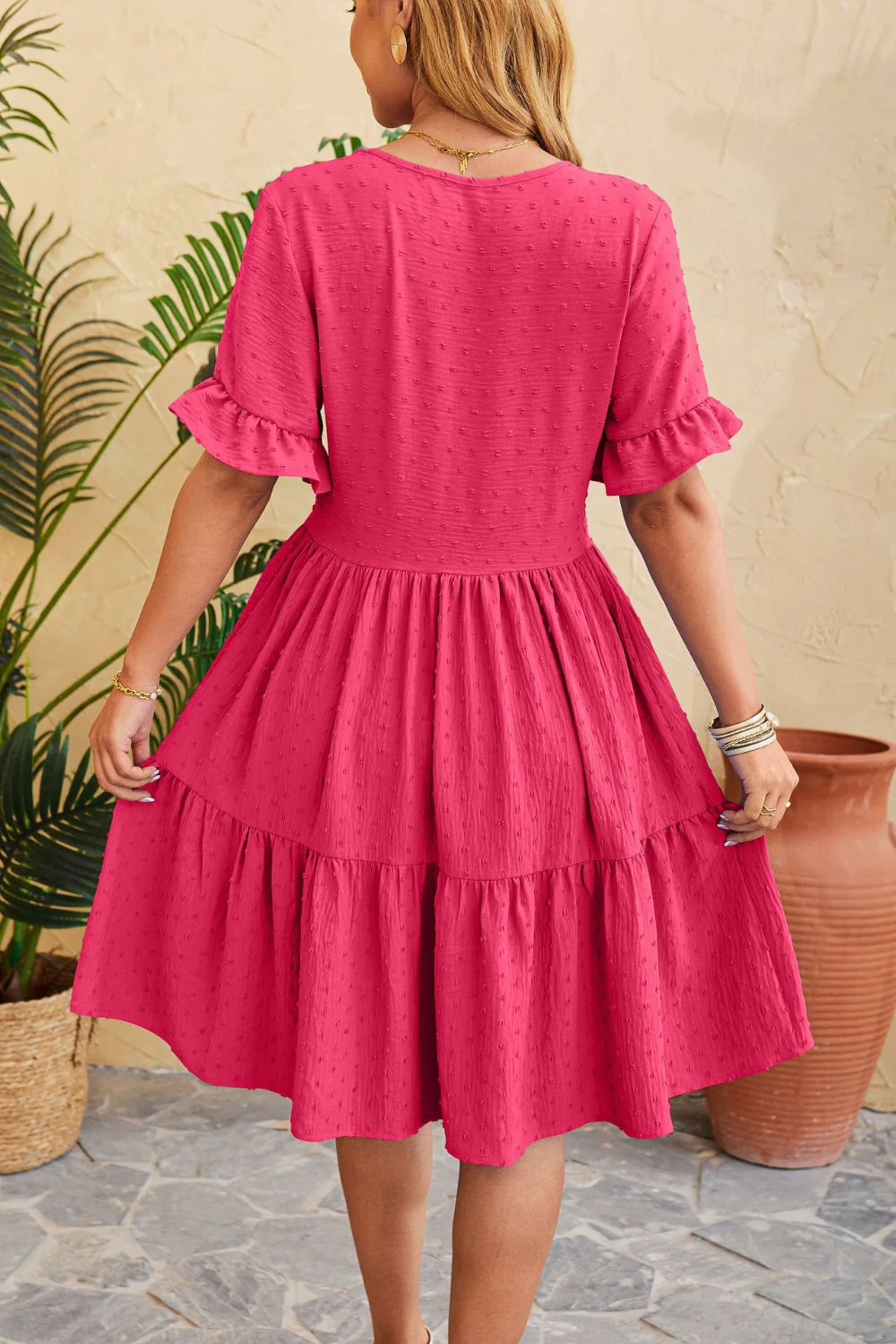 Swiss Dot Ruffled V-Neck Tiered Dress - Image 3
