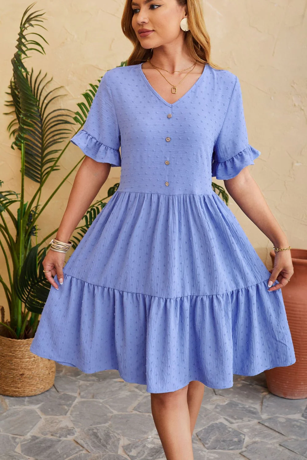 Swiss Dot Ruffled V-Neck Tiered Dress - Image 4