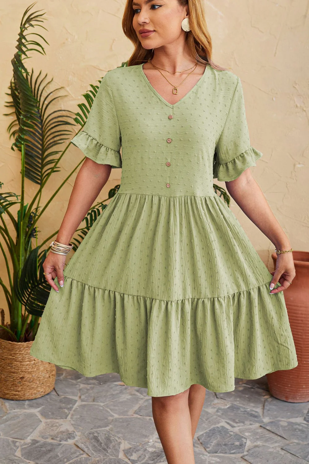 Swiss Dot Ruffled V-Neck Tiered Dress - Image 7