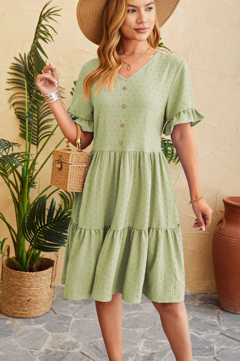 Swiss Dot Ruffled V-Neck Tiered Dress - Image 8