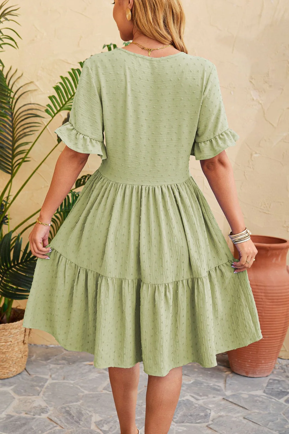 Swiss Dot Ruffled V-Neck Tiered Dress - Image 9