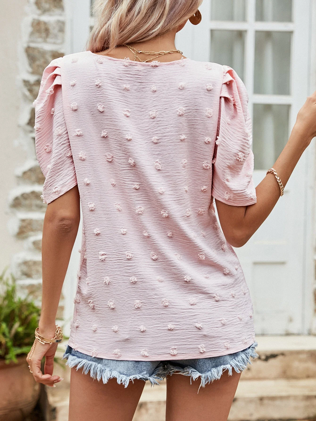 Swiss Dot Short Puff Sleeve Top - Image 2