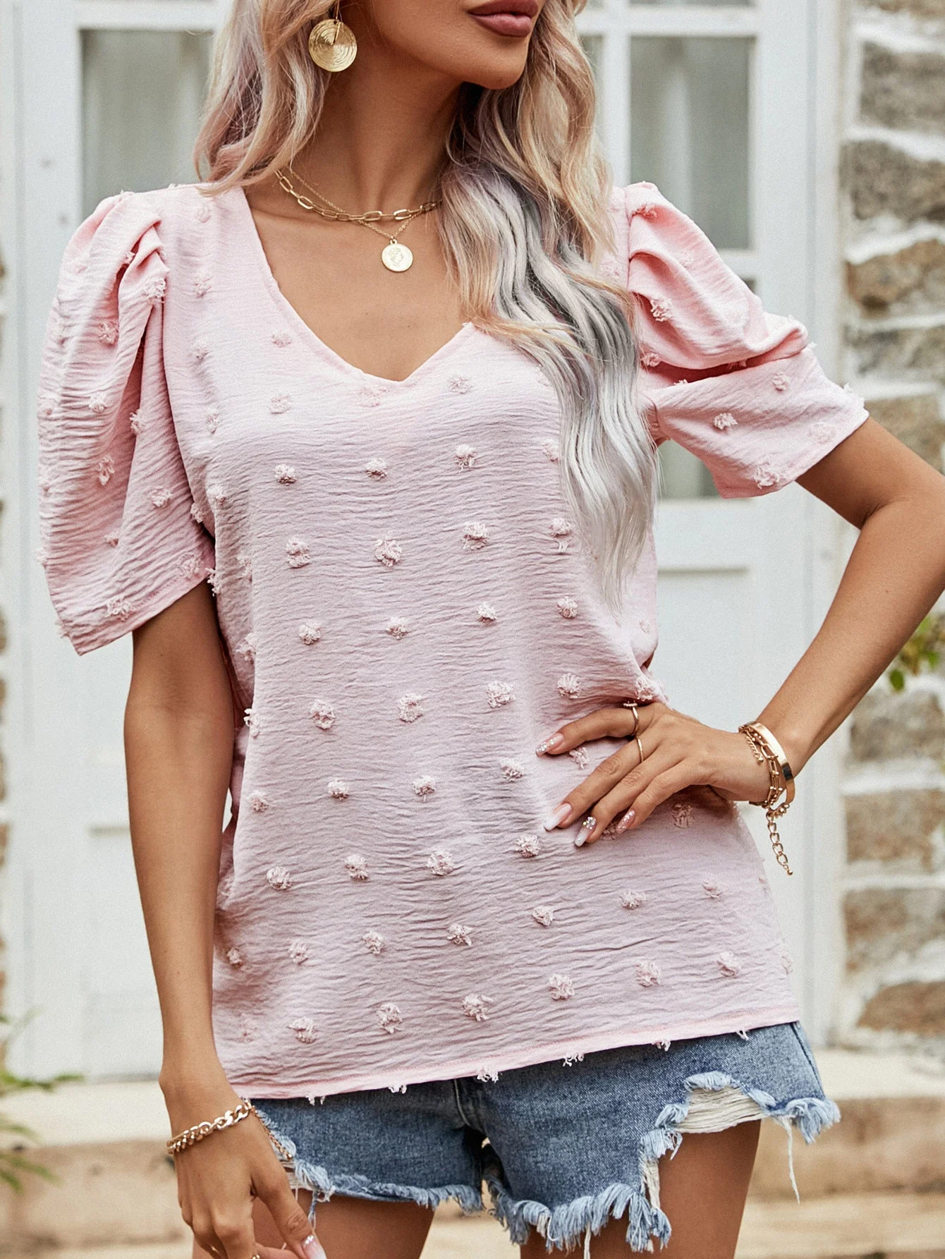Swiss Dot Short Puff Sleeve Top - Image 3