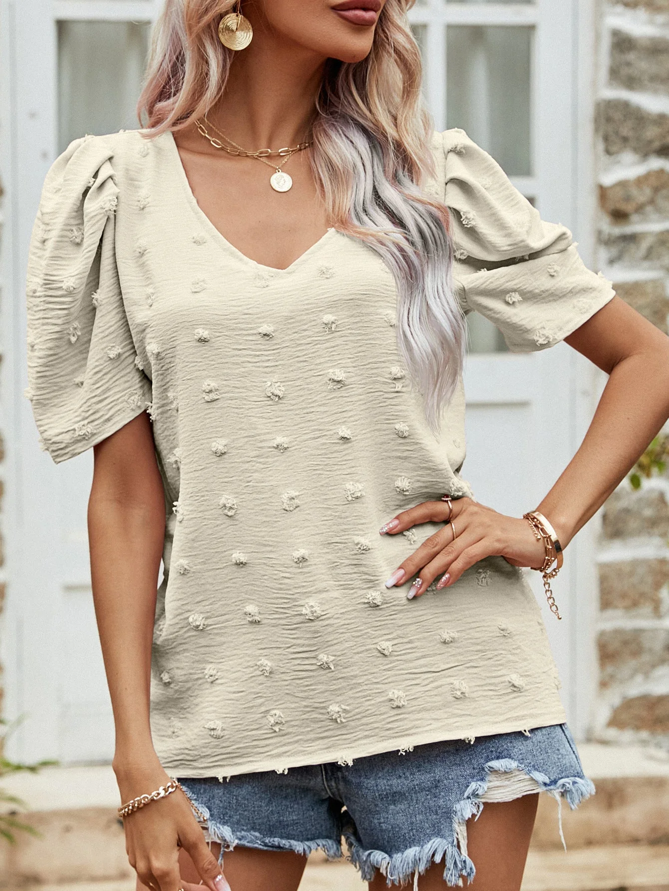 Swiss Dot Short Puff Sleeve Top - Image 4