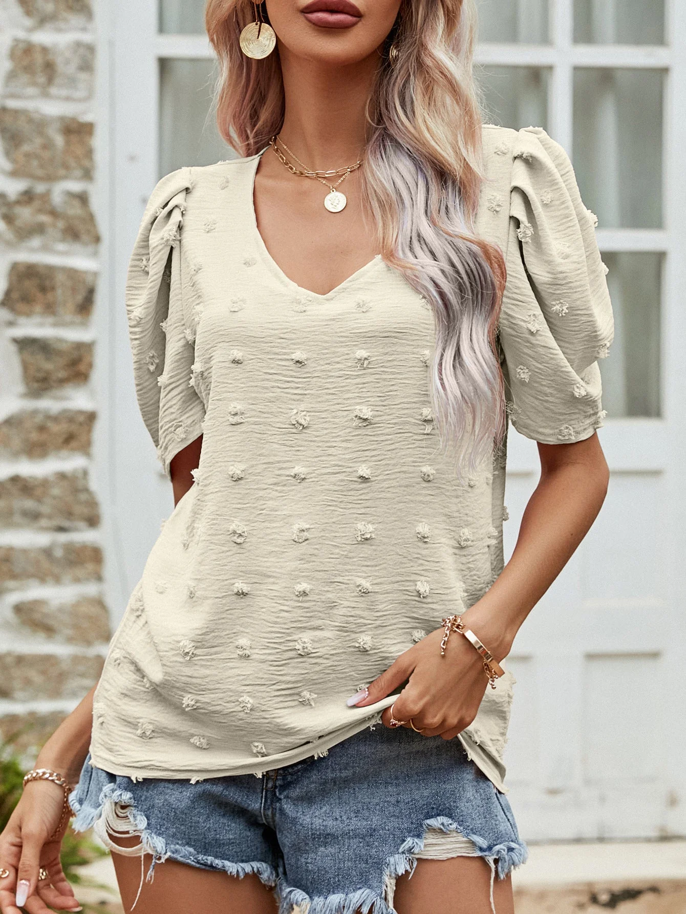 Swiss Dot Short Puff Sleeve Top - Image 5